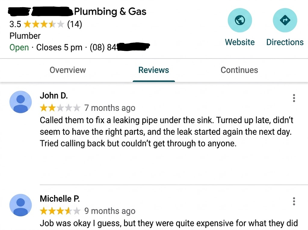 Example of a neglected Google Business profile with few reviews and outdated feedback
