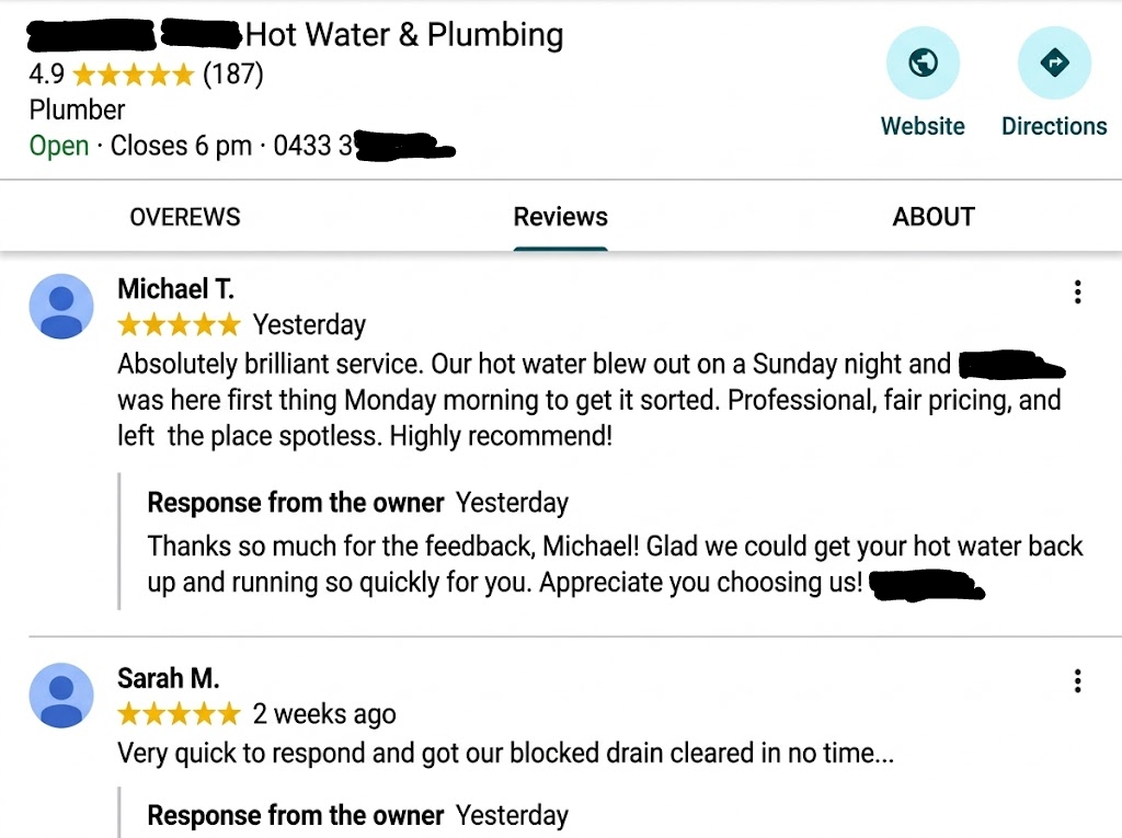 Example of an optimized Google Business profile with many recent, highly-rated reviews and owner replies